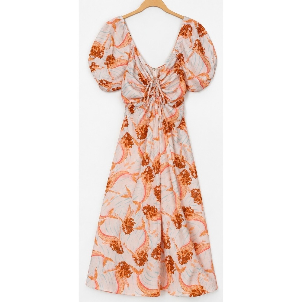 Liliana Meza Pearlescent Dress Pink Mermaid Print Puff Sleeve Midi Dress Size M